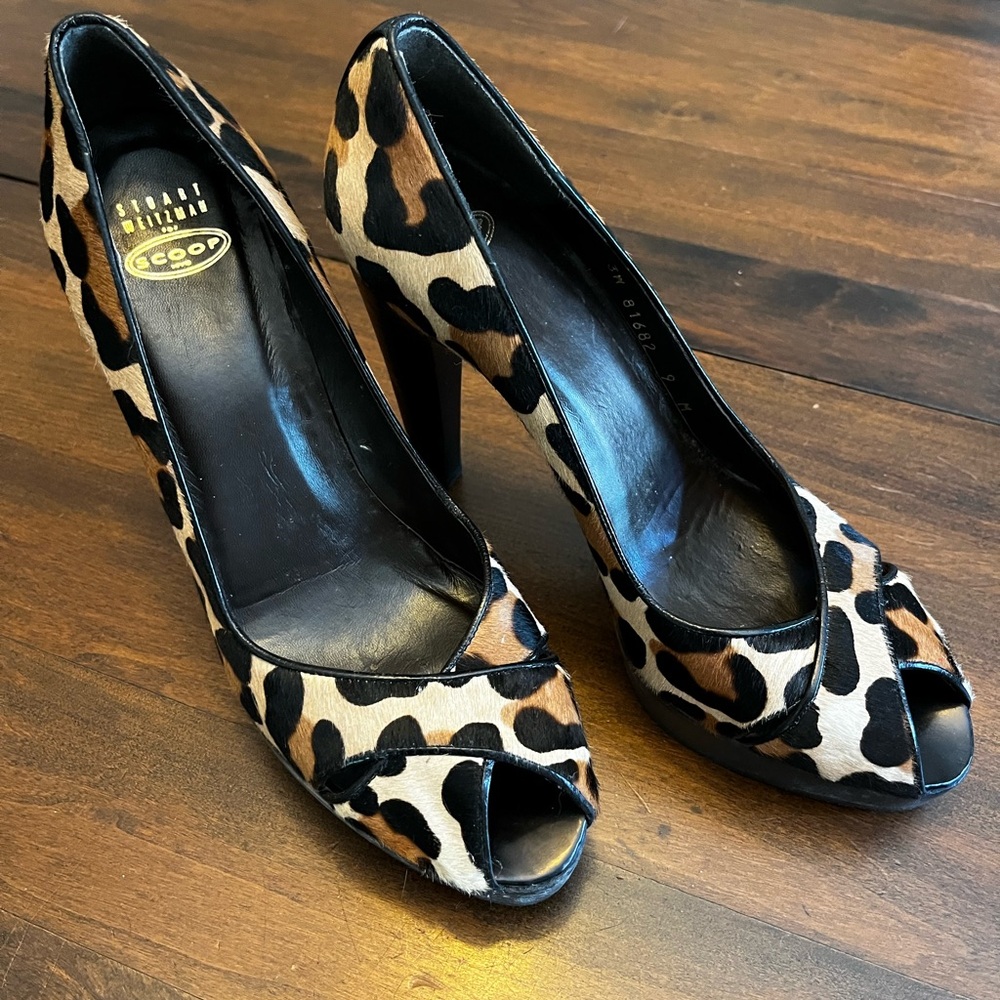 Stuart Weitzman for Scoop Animal Print Peep Toe Heels